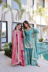 Nouvel ensemble haut en soie, pantalon palazzo et dupatta de créateur pour Diwali et les mariages – Infroissable et réversible - Product Image 2