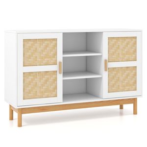 Natural White Buffet Cabinet with Bamboo Woven Patterns 3 <b>Open</b> Shelves and 2 Cabinets for Villa Kitchen or Dining <b>Storage</b> - Product Image 4