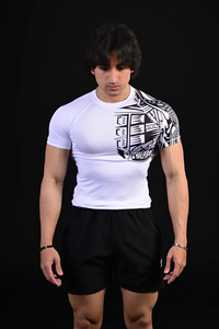 Men's White Short Sleeve Crew Neck <b>T</b>-Shirt with Front Logo Black Tribal Print Slim Fit Quick Dry Polyester Sport Top - Product Image 6
