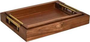 Plateau décoratif en bois moderne de haute qualité, forme rectangulaire avec poignées en laiton, design artisanal, plateau de service en bois, pièce unique - Product Image 6