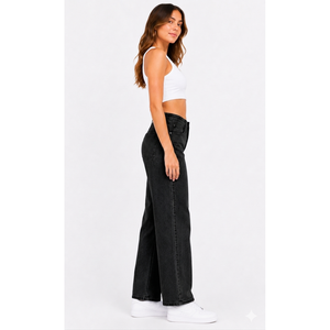 Pantalon baggy en jean pour femme, taille mi-haute, style boyfriend, avec tissu tissé durable et poches fonctionnelles à l'avant et à l'arrière - Product Image 3