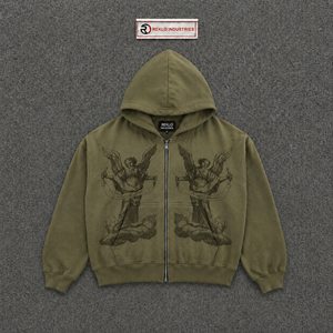 Sweat à capuche graphique Olive Angel, style vintage oversize streetwear, ailes célestes, effet délavé, pull épais décontracté unisexe, tendance - Product Image 5