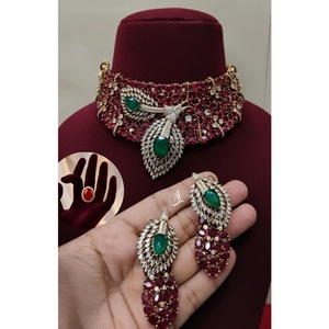 Luxury Premium Quality Gold Plated Beads Wedding Moissanite Doublet Choker <b>Necklace</b> with Earrings & Adjustable <b>Ring</b> Set - Product Image 1