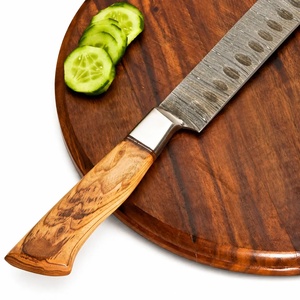 Couteau à découper artisanal en acier Damas de qualité industrielle, fabriqué sur mesure par Ahmad Fabric, manche en bois de 15 cm, lame à pointe tombante, étui en cuir, pour droitier - Product Image 4