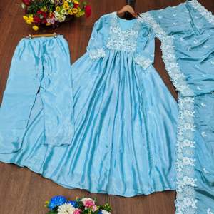 Conjuntos de diseñador para mujer, vestido de Chinon bordado con Pent y Dupatta, elegante atuendo de boda - Product Image 1