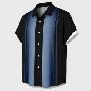 Chemise à manches courtes pour homme, noire et bleue, avec empiècements contrastés, style moderne et décontracté, boutonnée. - Product Image 5