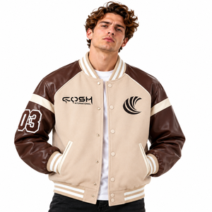 Chaqueta Varsity para hombre en beige y marrón con bloques de color, mangas de cuero PU, botones a presión y mangas en contraste. - Product Image 1
