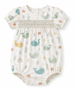 Mono de bebé al por mayor con smock hecho a mano, estampado de ballenas oceánicas, de algodón, manga corta abullonada, para verano, estilo boutique - Product Image 1
