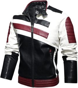Men's <b>Thick</b> Warm Patchwork Front Embroidered Stand Windbreaker <b>Jacket</b>-<b>Fleece</b> Lined PU Leather Motorcycle Coat Casual - Product Image 2