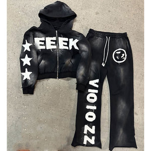 Conjuntos de sudadera personalizados con estampado puff para mujer, pantalones de chándal unisex, pantalones acampanados apilados y conjunto de sudadera con capucha de dobladillo sin rematar para hombre - Product Image 1