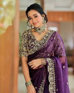 Indian Ethnic Traditional Fancy Designer <b>Saree</b> Embroidery Work for Wedding Party and Festive Function for Women Trendy Outfit - Product Image 1