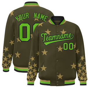 Veste universitaire unisexe personnalisée vert olive avec logo sérigraphié sur le devant, col montant, fermeture boutonnée, vêtement décontracté pour l'hiver - Product Image 1