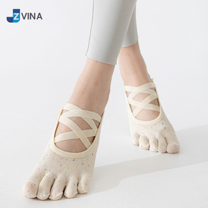 <b>Custom</b> 5 Toe Low Cut Pilates <b>Grip</b> <b>Socks</b> Non Slip Yoga Barre Dance <b>Socks</b> with Cross Straps Manufacturer - Product Image 2