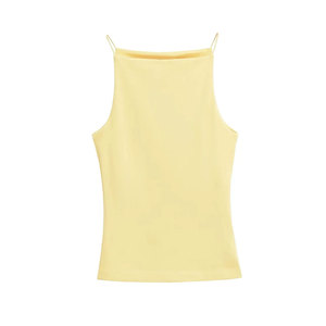 Débardeur côtelé uni à col rond pour femme, basique d'été, élastique, sans manches, coupe courte, en soie/coton, écologique, respirant, avec devant en satin - Product Image 3