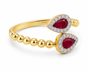 Anillo Abierto de Lujo con Doble Gema Roja en Corte Pera y Halo, con Engaste de Garra y Piedras Laterales Redondas en Oro de 10K-18K y Plata de Ley para Boda - Product Image 2