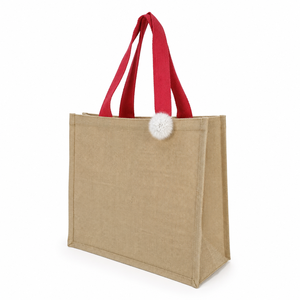 Sac fourre-tout de Noël en jute laminé avec imprimé Père Noël, pompon suspendu, 35,5x31,5x14,5 cm, poignée en coton rouge, logo personnalisé, vente en gros - Product Image 2