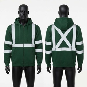 เสื้อแจ็คเก็ตทำงานแบบสวมใส่สบาย แขนยาว ซิปหน้า ผ้าฝ้ายพรีเมียม 100% 330gsm สำหรับฤดูใบไม้ร่วง สีเขียวเข้ม มีแถบสะท้อนแสงด้านหน้า เหมาะสำหรับทั้งชายและหญิง - Product Image 1