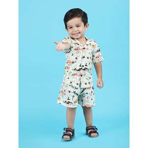 Polka Tots Half Sleeves Racing car Print Shirt Shorts-Verde claro - Product Image 1