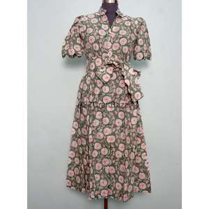 Vestido de Novia Bohemio Moderno, Vestido Midi de Verano, Estampado Floral a Mano, Algodón, Estilo Canguro Casual, Línea A para Mujer - Product Image 3