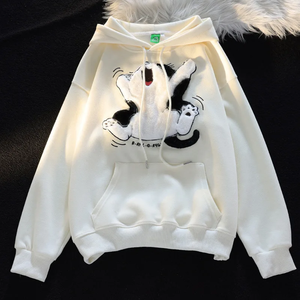 Sweat-shirt à capuche épais et ample avec poche kangourou, motif chat de dessin animé brodé et patchwork, style streetwear polyvalent - Product Image 3