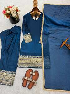 Traje Moderno de Seda con Bordado de Lentejuelas y Dupatta, Estilo Fandy, para Fiesta, Largo hasta la Rodilla, Corte Regular - Product Image 6