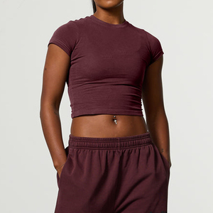 Women Solid Color Knitted Crew Neck <b>Crop</b> <b>Top</b> Casual Short Sleeve T-Shirt Maroon - Product Image 3