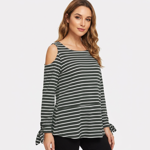 Haut à manches longues rayé pour femme, col rond, tricoté, 100 % coton, décontracté, collection printemps-été, Bangladesh - Product Image 3