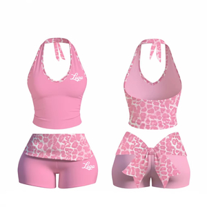 Conjunto de Ropa Y2K para Mujer, con Logotipo Personalizado, 2 Piezas, Estampado de Leopardo, Top Halter y Pantalones Cortos con Cintura Plegada, Conjunto Deportivo Ajustado - Product Image 1