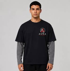 Camiseta de manga larga personalizada de algodón negro 100% de alto gramaje para hombre, estilo urbano, estampada, transpirable, estilo primavera - Product Image 1