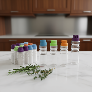 Set di 12 Barattoli per Spezie Rotondi, Diametro 4,5 cm, Altezza 15 cm, Impilabili, in Plastica, Prodotti in UE - Product Image 3