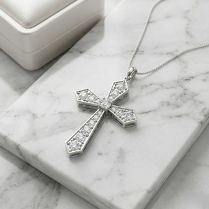 Collar con Colgante de Cruz con Diamantes Redondos de 2.30CTW, Oro de 14K, Diamantes Cultivados en Laboratorio, Color E-F, VVS2, Joyería Clásica para Mujer, 18 - Product Image 2