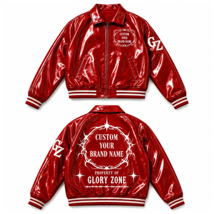 Chaqueta universitaria de cuero charolado rojo personalizada con parche de marca personalizado y puños con ribete de rayas acanaladas para uso unisex. - Product Image 1