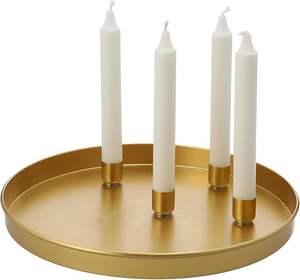 Porte-bougie à base ronde plate avec supports cylindriques intégrés et coupelles magnétiques, élégant plateau doré pour bougies - Product Image 1