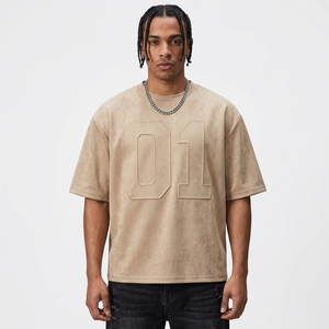 Camiseta de manga corta oversize para hombre, cuello redondo, color sólido, estilo casual, tejido de punto, estilo streetwear, beige, con relieve 3D. - Product Image 2