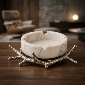 Cenicero Redondo de Mármol Hecho a Mano con Soporte de Aluminio Fundido en Forma de Rama, Moderno y Lujoso, de Piedra Natural, para Cigarros, Decoración de Mesa para el Hogar - Product Image 2