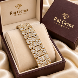 นาฬิกาข้อมือผู้ชาย Raj Gems สไตล์ฮิปฮอปสุดหรู ตัวเรือนสีทอง หน้าปัดควอตซ์โครโนกราฟแบบอนาล็อก ขนาด 41 มม. พร้อมปุ่มกดและตัวล็อคแบบซ่อน บรรจุในกล่อง - Product Image 4