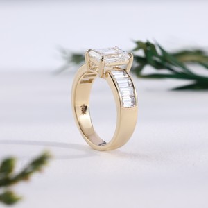 <b>Unique</b> Yellow Gold Emerald Cut Lab Grown Diamond <b>Engagement</b> <b>Ring</b> Classic Channel Set Tapered Side Stone Customizable Unisex - Product Image 4