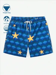 Short décontracté bleu ciel pour les vacances d'été, imprimé lettres sur toute la surface, cordon de serrage, poches obliques, coupe ample, idéal pour la plage, les vacances, Hawaï, les baignades tropicales - Product Image 6