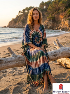Robe Kaftan Bohème Tie-Dye Personnalisée pour Femme, Longueur Cheville, Cache-Maillot de Plage, Tenue de Vacances d'Été, Fabricant et Fournisseur OEM ODM - Product Image 5