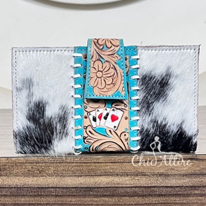 Portefeuille en cuir véritable style western, nouveauté, motif floral turquoise, pochette de créateur pour femme, motif cartes à jouer, vente chaude - Product Image 1
