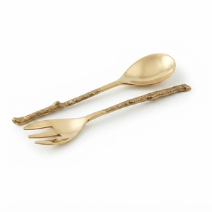 Premium Gold Brass Twig Handle Salad <b>Server</b> Set Stainless Steel Luxury Faux Bois Serving Spoon and Fork for Catering <b>Buffet</b> - Product Image 1