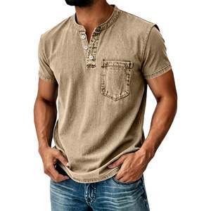 T-shirt pour homme en coton 100% lavé, fabriqué par OEM, col Henley, manches courtes, décontracté, effet délavé, vintage, coupe ample, été - Product Image 2