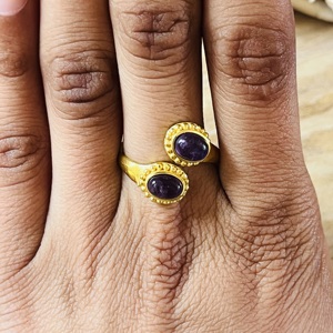 Unique Design Vintage 18k Gold Plated Brass Amethyst <b>Ring</b> Double Stone Ethnic <b>Open</b> Tribal Statement Boho Women Wholesale <b>Ring</b> - Product Image 5