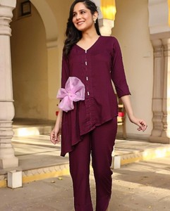 Women's 2-Piece Cotton <b>Set</b> V-Neck Three Quarter Sleeve Solid Color Bow Decoration Casual Full Length Pants <b>Set</b> - Product Image 1