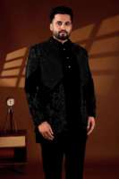 Sherwani pour homme, motif losanges effet ombré, sans plis, col mandarin, pour mariage et occasions festives, en base Lachka TR Premium, noir à sequins
