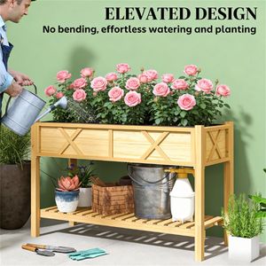 Fioriera Rialzata in Legno Naturale con Vaso per Piante, per Uso Esterno o Interno - Product Image 4