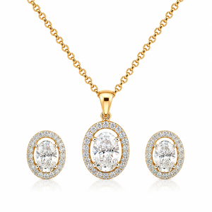 18KT Gold Lab Grown Diamond Pendant <b>Earrings</b> Set | Oval Halo Diamond Jewelry Set | Luxury Bridal Wedding Anniversary For Women - Product Image 1