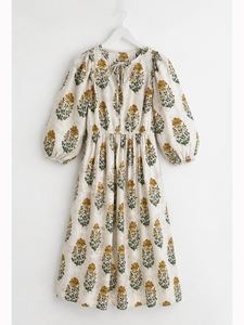 Indian Cotton Floral Print Midi Dress <b>V</b>-Neck with <b>string</b> Closer For Women, Summer Dress - Product Image 1