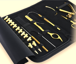 Premium Gold Hair Extension Tool Kit Micro Link Hair <b>Crimping</b> Pliers Sectioning Ring Pulling Loop Threader Cutting Scissors - Product Image 1