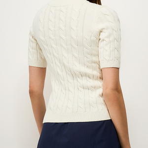 Pull en maille torsadée pour femme, manches courtes, col rond, 100% coton, décontracté, toutes saisons, coupe classique, broderie sur le devant - Product Image 4